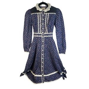 Vtg Gunne Sax Girls Blue Floral Corduroy Lace Cottagecore Prairie Dress Sz 10